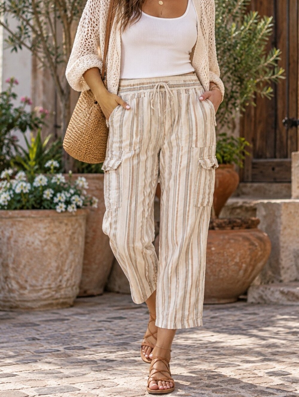 Velvet Heart Beige White Striped Linen Blend Cargo Pants Coastal Boho Casual